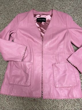 Pink Leather scalloped hem longer cut Jacket for Women